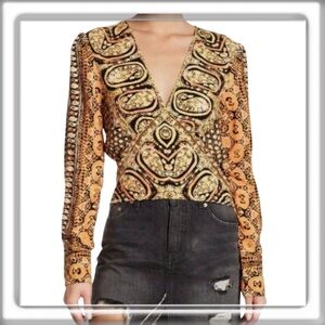 Free People Wild & Free Long Sleeve Print Crop Top V-Neck Boho Size Small
